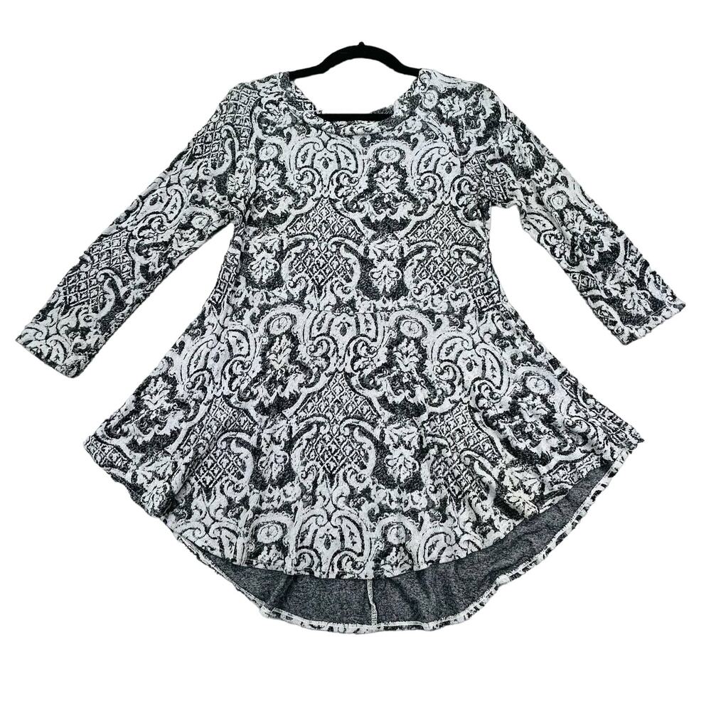 Tianello Steve Barazza Womens Medium Grey White Damask Tunic Top 3/4 Sleeve